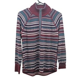 Eddie Bauer Womens Small Fair Isle Quarter Zip Pullover Sweater Burgundy Blue